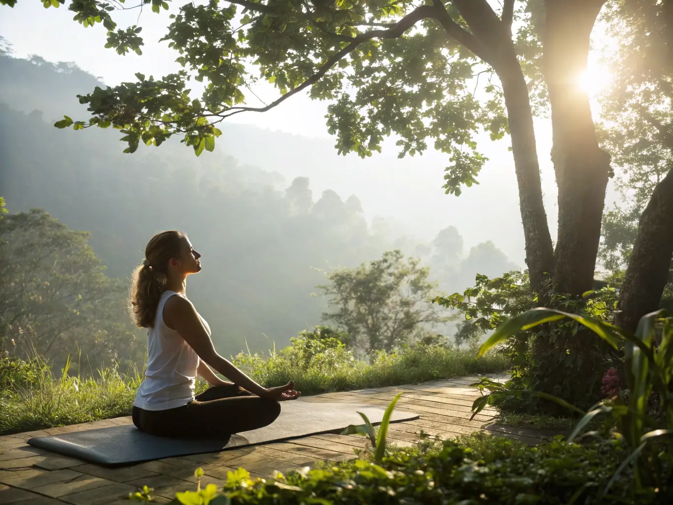 A woman practicing yoga outdoors, symbolizing stress management and physical well-being.